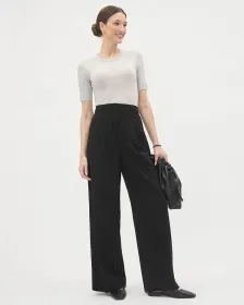 Pantalon Noir à Jambe Large et Taille Haute