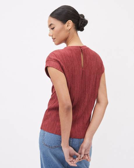 Crew-Neck Crinkled-Knit Tee with Cap Sleeves