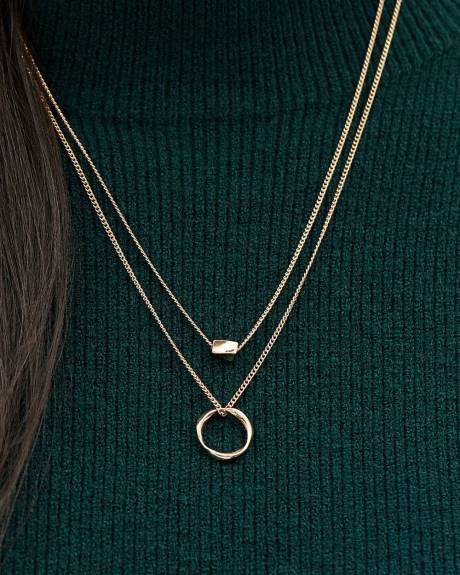 Double-Chain Necklace with Rectangular and Ring Pendants