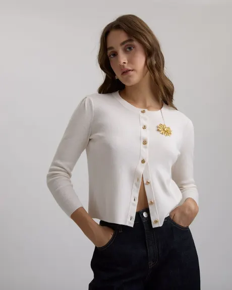 Long-Sleeve Crew-Neck Cardigan with Golden Buttons