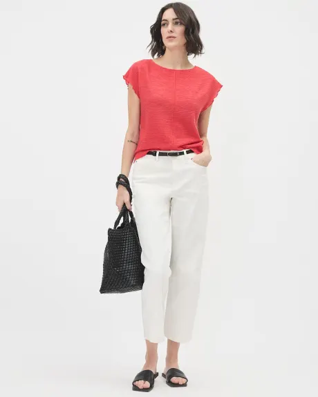 Extended-Sleeve Top with Boat Neckline and Lettuce Trims