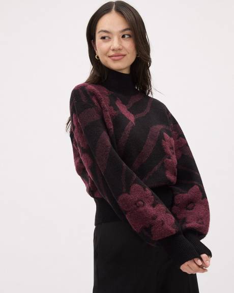 Pull à Manches Longues Bouffantes et Col Cheminée à Motif Floral