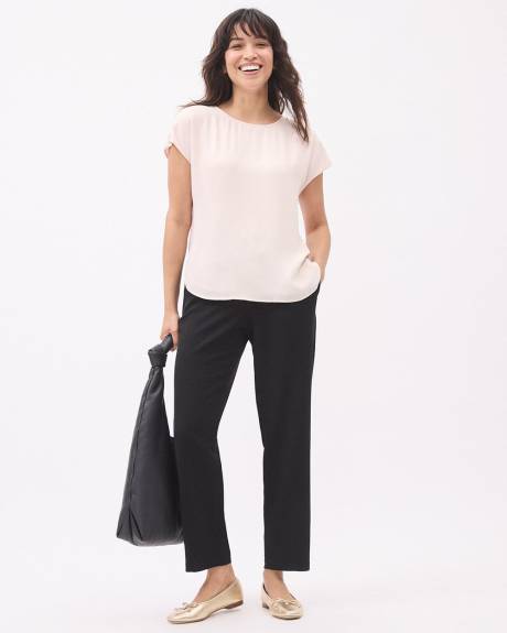 Solid Short-Sleeve Crew-Neck Silky Crepe Blouse