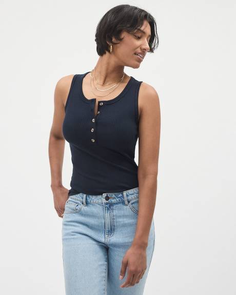 Ribbed Fitted Cami with Buttoned Placket