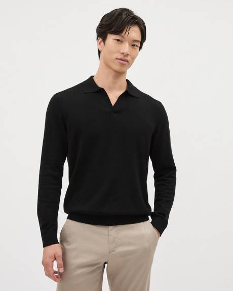 Long-Sleeve Cotton Sweater Polo with Johnny Collar