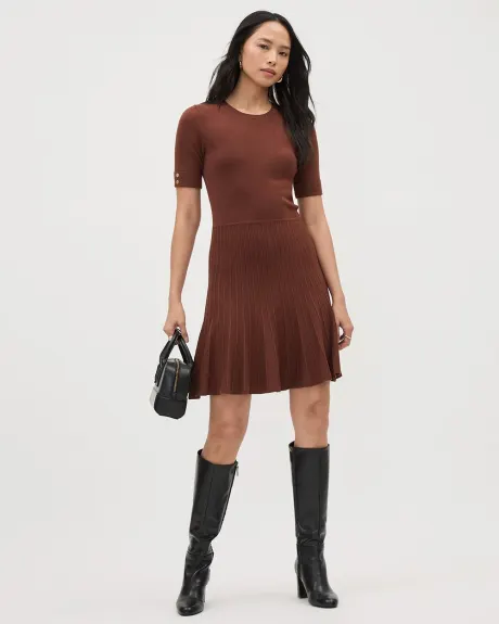 Elbow-Sleeve Fit and Flare Dress with Crew Neckline