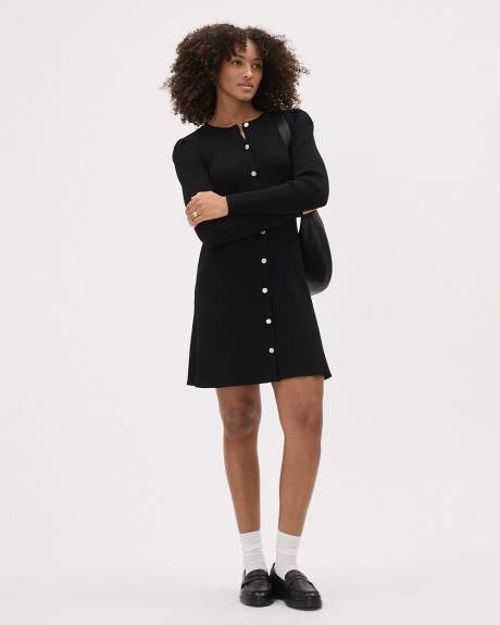 Long-Sleeve Fit and Flare Buttoned-Down Ribbed Dress