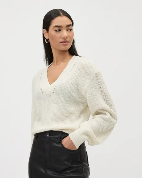 Long-Sleeve V-Neck Sweater with Pointelle Stitches