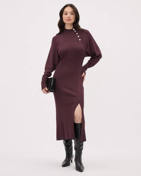 Long-Sleeve Mock-Neck Fitted Ribbed Midi Dress