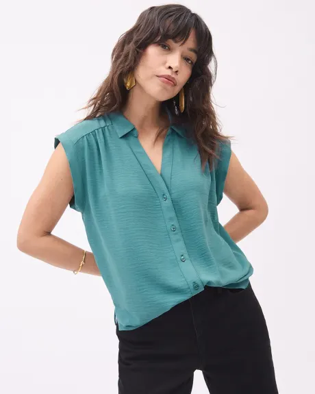 Blouse Boutonnée Fluide à Manches Très Courtes et Col Chemisier