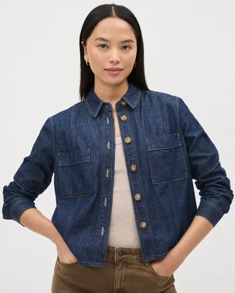 Denim Cropped Buttoned-Down Blouse