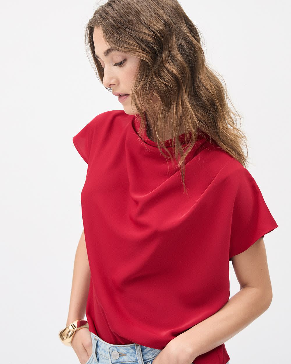 Blouse Popover en Segé à Col Montant et Manches Courtes