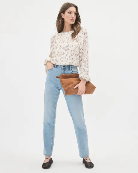 Long-Sleeve Pleated Popover Blouse with Floral Pattern