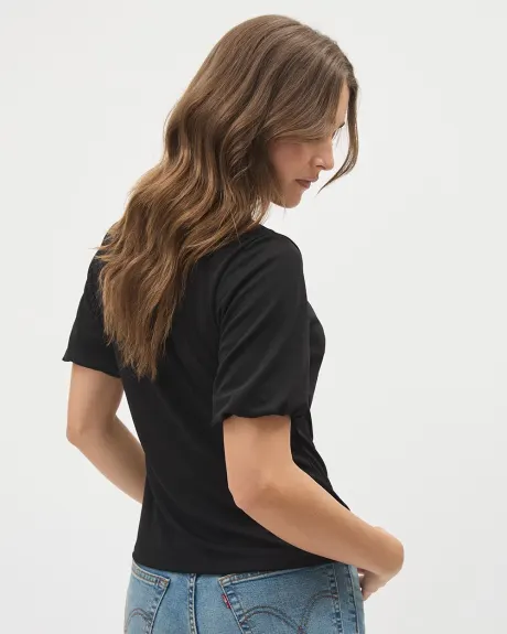 Short-Sleeve Top with Crossover Draped Mock Neckline