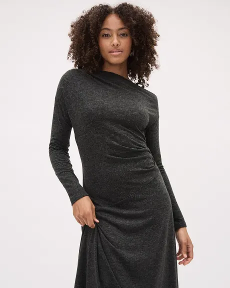 Long-Sleeve Asymmetrical-Neckline Midi Dress