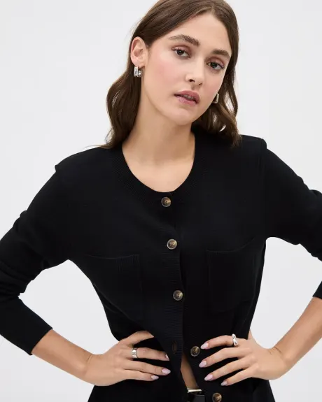 Long Buttoned-Down Cardigan with Pockets