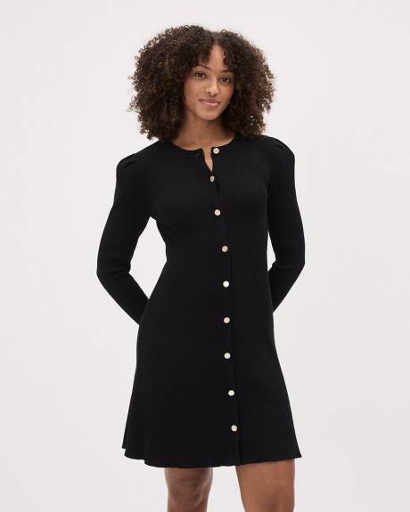 Long-Sleeve Fit and Flare Buttoned-Down Ribbed Dress