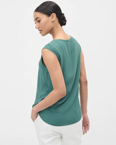 Solid Cap-Sleeve Crew-Neck Silky Crepe Blouse