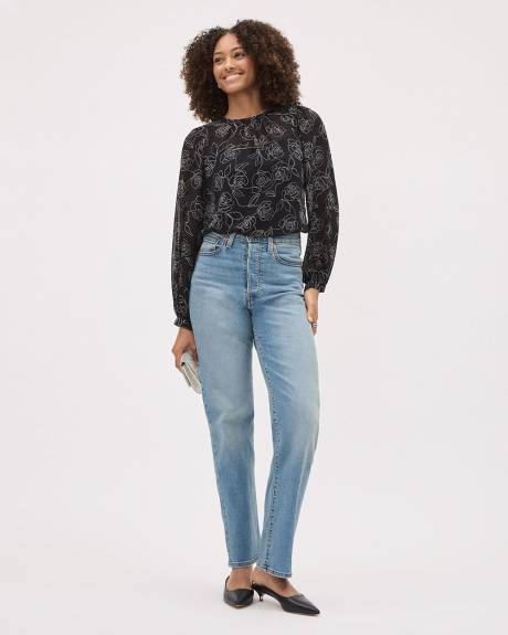 Long-Sleeve Crew-Neck Floral Blouse