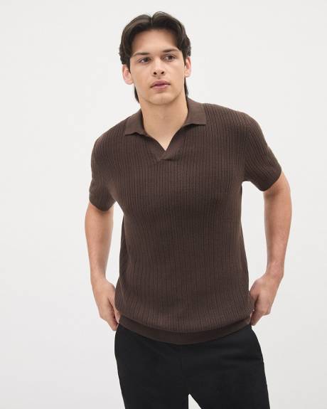 Short-Sleeve Cotton Polo Sweater with Johnny Collar