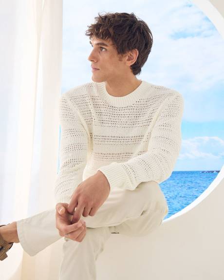 Long-Sleeve Crew-Neck Sweater with Open Stitches