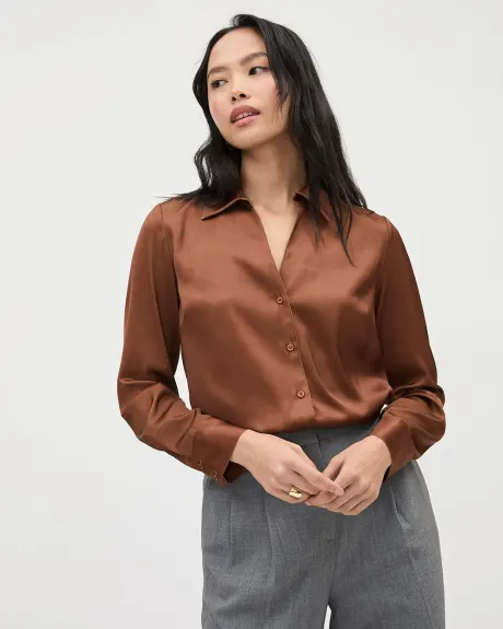 Blouse Boutonnée en Satin à Manches Longues