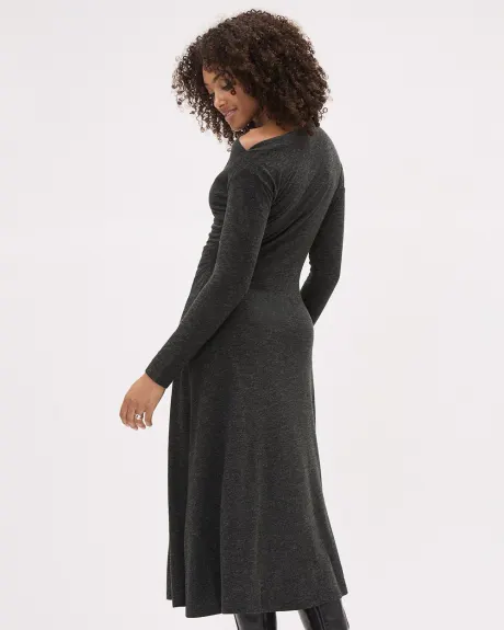 Long-Sleeve Asymmetrical-Neckline Midi Dress