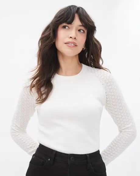 Crew-Neck Sweater with Pointelle Stitches Long Sleeves