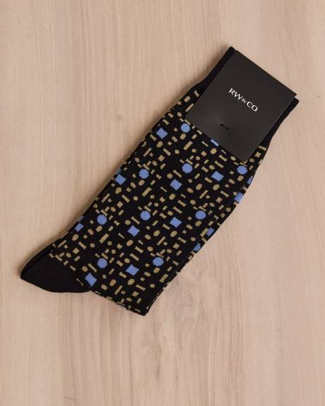 Black Dress Socks with Tan and Blue Geo Pattern