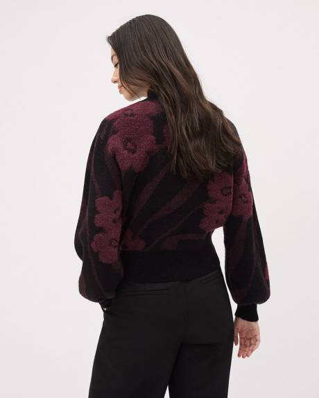 Pull à Manches Longues Bouffantes et Col Cheminée à Motif Floral