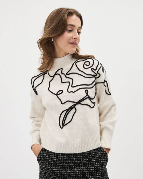 Pull à Manches Longues et Col Roulé avec Broderie de Fleur