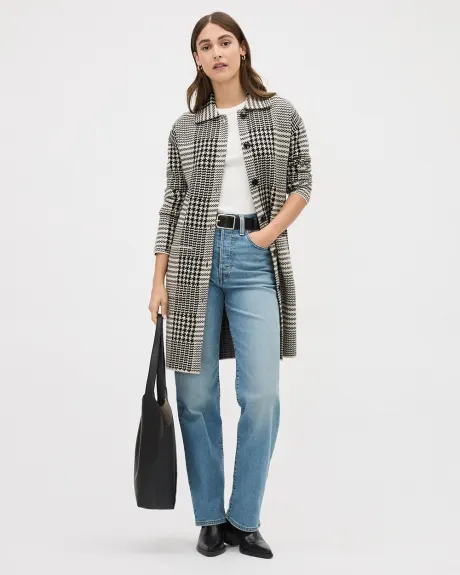 Long Buttoned-Down Plaid Cardigan