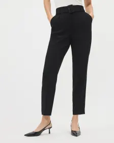 Pantalon Cheville Noir à Jambe Fuselée et Taille Haute avec Ceinture