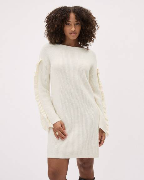 Ruffled-Long-Sleeve Boat-Neck Mini Dress