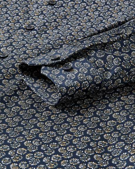 Navy Slim-Fit Dress Shirt with Floral Pattern