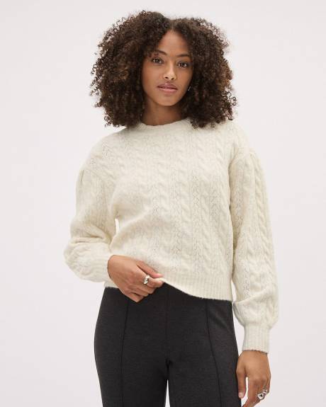 Pull en Tricot Spongieux à Col Rond Ondulé et Manches Longues