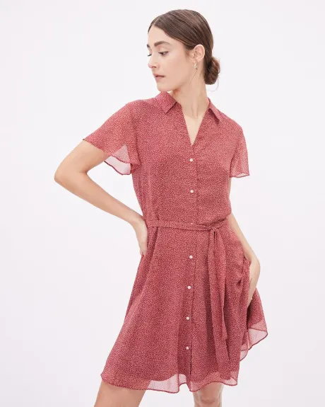 Short-Sleeve Shirt-Collar Fit and Flare Belted Dress