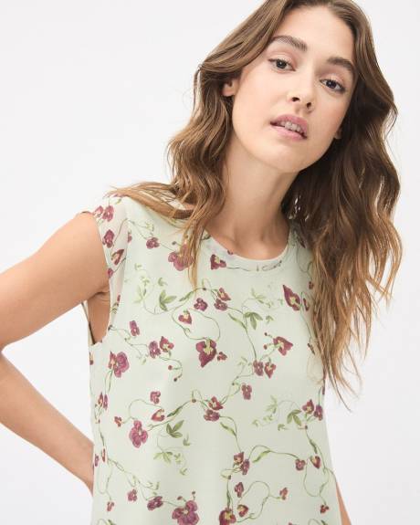 Camisole Imprimée en Mousseline à Manches Très Courtes et Col Rond