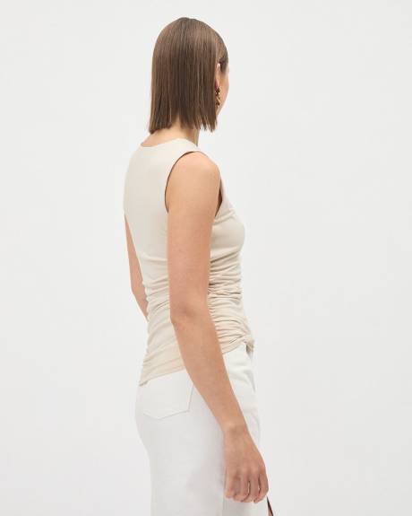 Shirred Sleeveless Top with Asymmetrical Neckline