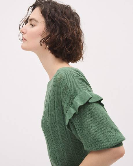 Elbow-Ruffled-Sleeve Boat-Neck Sweater