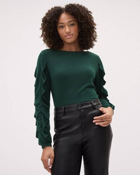 Long-Sleeve Boat-Neck Top with Ruffles