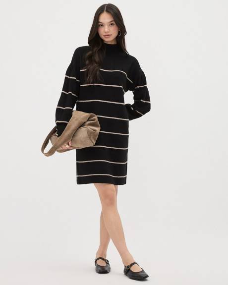 Puffy-Long-Sleeve Mock-Neck Mini Dress