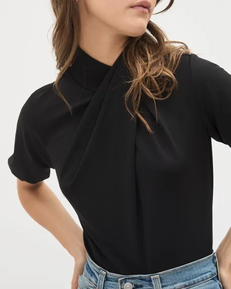 Short-Sleeve Top with Crossover Draped Mock Neckline