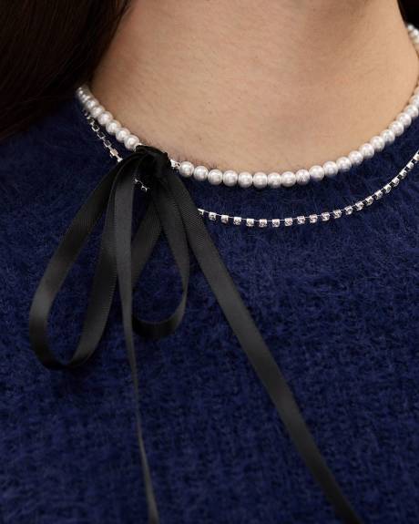 Short Double-Chain Necklace with Pearls, Rhinestones and Ribbon