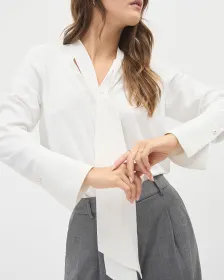 Blouse Boutonnée à Manches Longues avec Ruban à l'Encolure