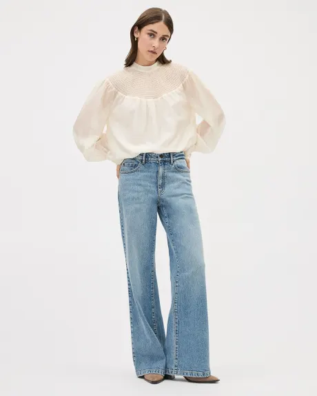 Long-Sleeve Mock-Neck Blouse with Textured Yoke