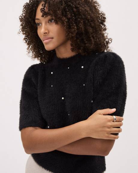 Pull à Col Montant et Manches aux Coudes en Tricot Pelucheux avec Perles