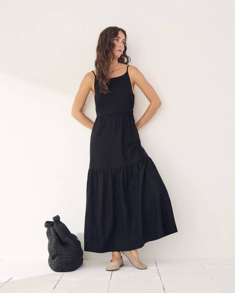 Sleeveless Square-Neck Linen-Blend Straight Maxi Dress