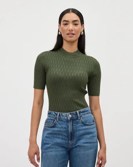 Elbow-Sleeve Mock-Neck Textured Top