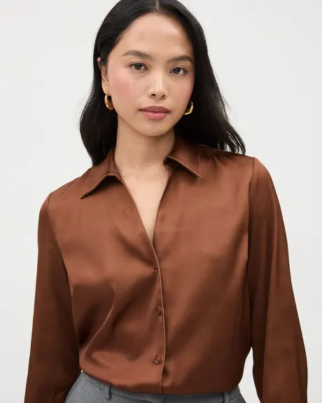 Blouse Boutonnée en Satin à Manches Longues